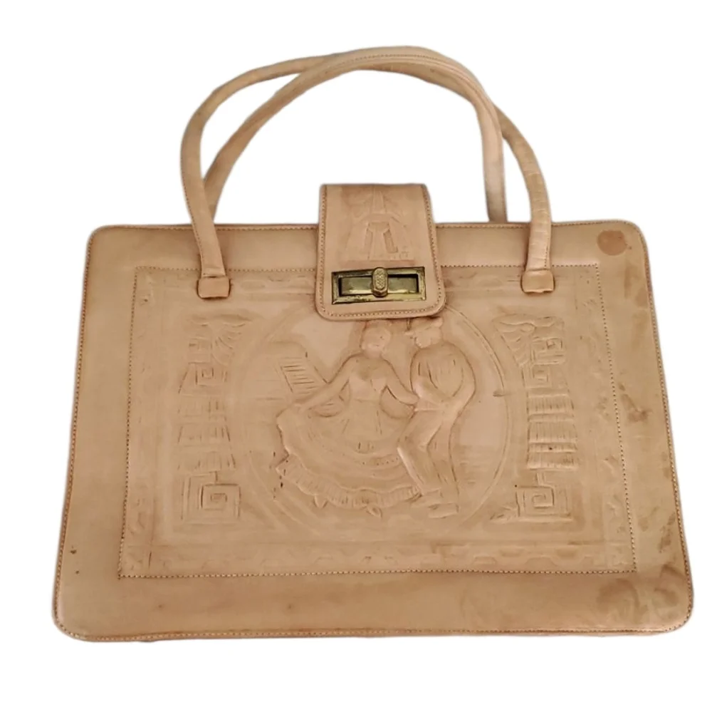 Vintage Beige Leather Mexican Satchel Bag